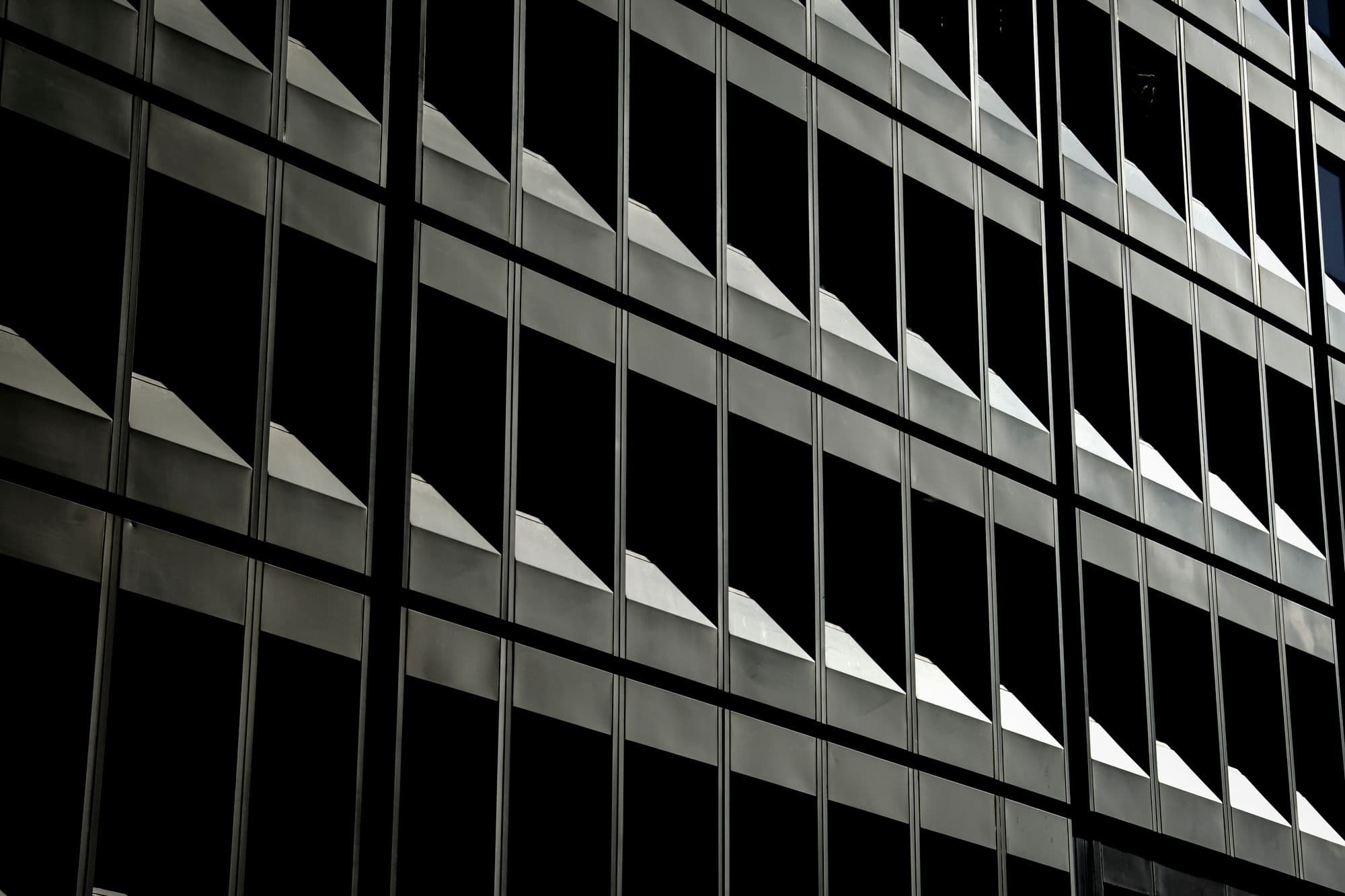Black-and-white gridded building facade.